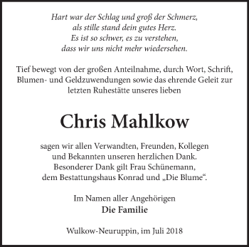 Traueranzeige von Chris Mahlkow von Märkische Oderzeitung