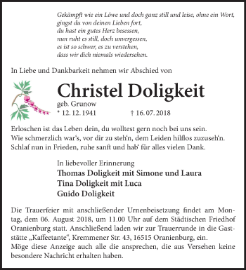 Traueranzeige von Christel Doligkeit von Märkische Oderzeitung