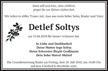 Traueranzeige von Detlef Soltys von Märkische Oderzeitung