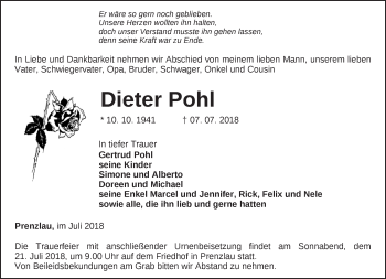 Traueranzeige von Dieter Pohl von Märkische Oderzeitung