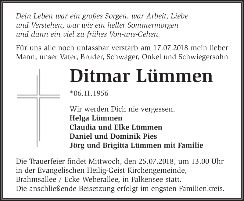  Traueranzeige für Ditmar Lümmen vom 22.07.2018 aus Märkische Oderzeitung