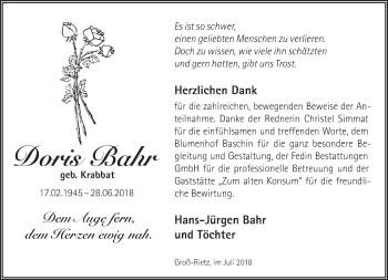 Traueranzeige von Doris Bahr von Märkische Oderzeitung