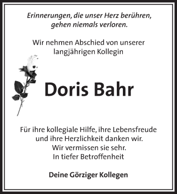 Traueranzeige von Doris Bahr von Märkische Oderzeitung