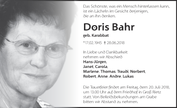 Traueranzeige von Doris Bahr von Märkische Oderzeitung