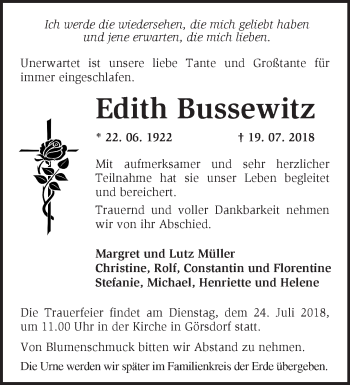 Traueranzeige von Edith Bussewitz von Märkische Oderzeitung