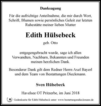 Traueranzeige von Edith Hülsebeck von Märkische Oderzeitung