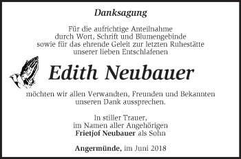 Traueranzeige von Edith Neubauer von Märkische Oderzeitung