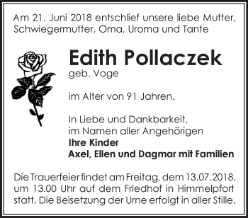 Traueranzeige von Edith Pollaczek von Märkische Oderzeitung