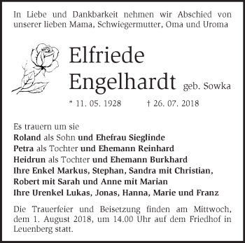 Traueranzeige von Elfriede Engelhardt von Märkische Oderzeitung