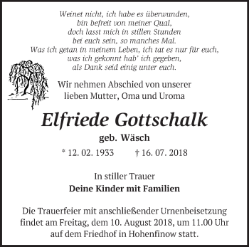 Traueranzeige von Elfriede Gottschalk von Märkische Oderzeitung