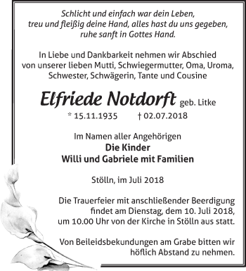 Traueranzeige von Elfriede Notdorft von Märkische Oderzeitung