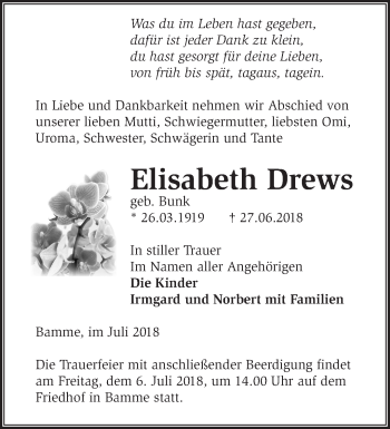 Traueranzeige von Elisabeth Drews von Märkische Oderzeitung