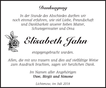 Traueranzeige von Elisabeth Jahn von Märkische Oderzeitung