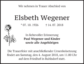 Traueranzeige von Elsbeth Wegener von Märkische Oderzeitung