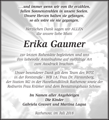 Traueranzeige von Erika Gaumer von Märkische Oderzeitung