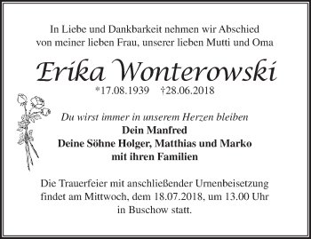 Traueranzeige von Erika Wonterowski von Märkische Oderzeitung