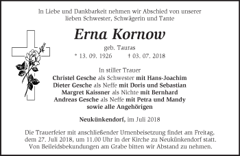 Traueranzeige von Erna Kornow von Märkische Oderzeitung