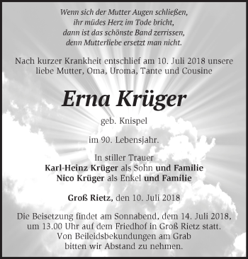 Traueranzeige von Erna Krüger von Märkische Oderzeitung