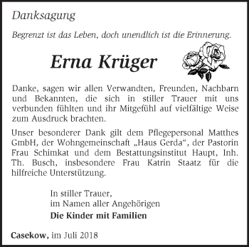 Traueranzeige von Erna Krüger von Märkische Oderzeitung