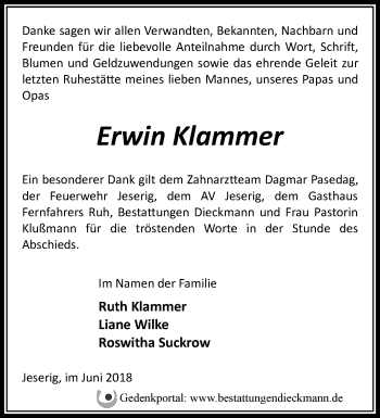 Traueranzeige von Erwin Klammer von Märkische Oderzeitung