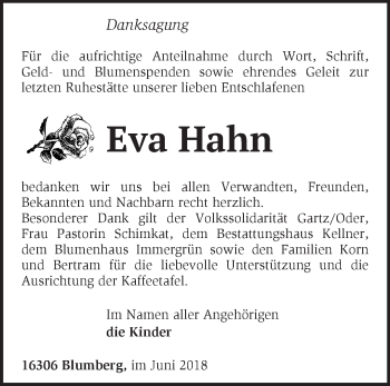 Traueranzeige von Eva Hahn von Märkische Oderzeitung