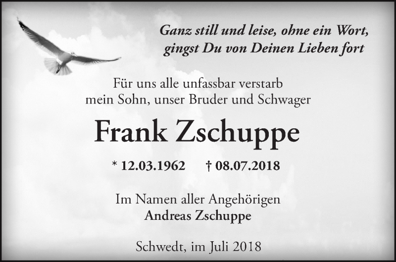  Traueranzeige für Frank Zschuppe vom 18.07.2018 aus Märkische Oderzeitung