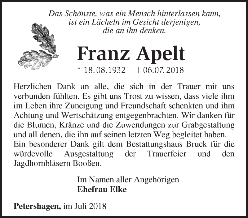  Traueranzeige für Franz Apelt vom 28.07.2018 aus Märkische Oderzeitung