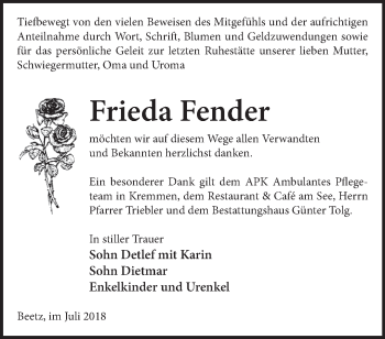 Traueranzeige von Frieda Fender von Märkische Oderzeitung