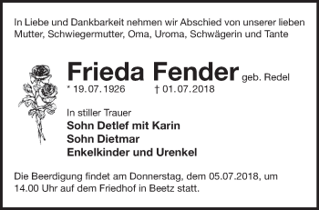 Traueranzeige von Frieda Fender von Märkische Oderzeitung