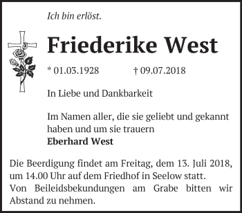 Traueranzeige von Friederike West von Märkische Oderzeitung