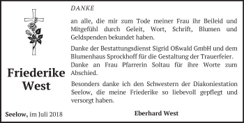 Traueranzeige von Friederike West von Märkische Oderzeitung