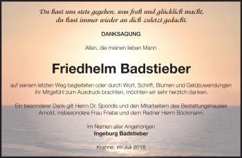 Traueranzeige von Friedhelm Badstieber von Märkische Oderzeitung