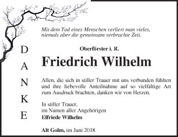 Traueranzeige von Friedrich Wilhelm von Märkische Oderzeitung