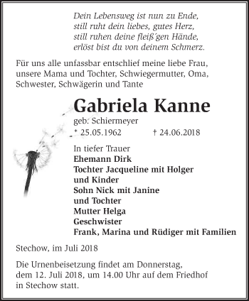 Traueranzeige von Gabriela Kanne von Märkische Oderzeitung