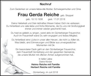 Traueranzeige von Gerda Reiche von Märkische Oderzeitung