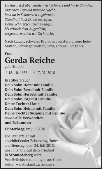 Traueranzeige von Gerda Reiche von Märkische Oderzeitung