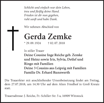 Traueranzeige von Gerda Zemke von Märkische Oderzeitung