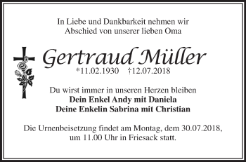 Traueranzeige von Gertraud Müller von Märkische Oderzeitung