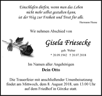 Traueranzeige von Gisela Friesecke von Märkische Oderzeitung