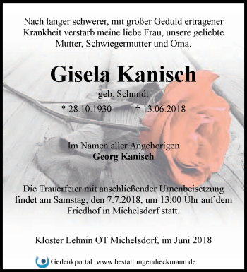 Traueranzeige von Gisela Kanisch von Märkische Oderzeitung