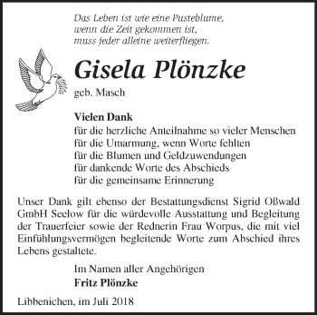 Traueranzeige von Gisela Plönzke von Märkische Oderzeitung