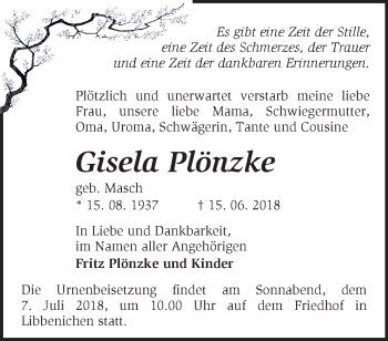 Traueranzeige von Gisela Plönzke von Märkische Oderzeitung