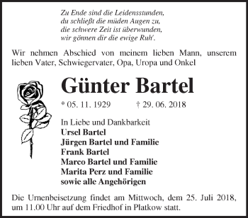 Traueranzeige von Günter Bartel von Märkische Oderzeitung