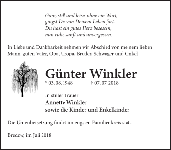 Traueranzeige von Günter Winkler von Märkische Oderzeitung