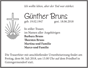 Traueranzeige von Günther Bruns von Märkische Oderzeitung