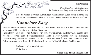 Traueranzeige von Hannelore Karg von Märkische Oderzeitung