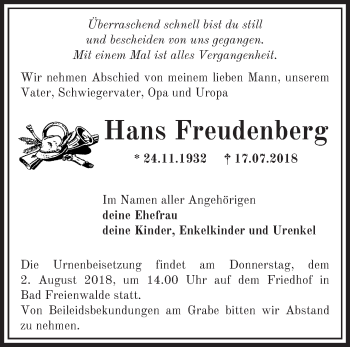 Traueranzeige von Hans Freudenberg von Märkische Oderzeitung