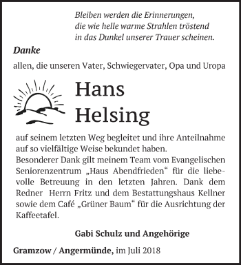 Traueranzeige von Hans Helsing von Märkische Oderzeitung