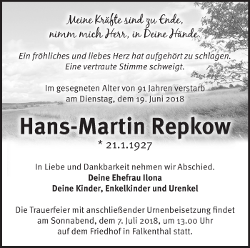 Traueranzeige von Hans-Martin Repkow von Märkische Oderzeitung