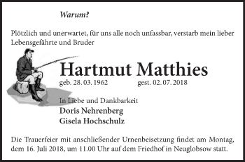 Traueranzeige von Hartmut Matthies von Märkische Oderzeitung